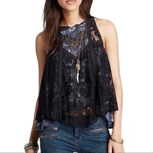 Free People Black Floral Lace Tank Top Boho Festival Layering Blouse Medium